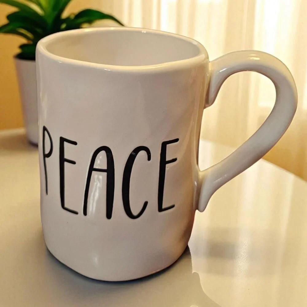Pier 1 Imports Oversized Stoneware Coffee Tea Hot Cocoa Mug PEACE White / Black